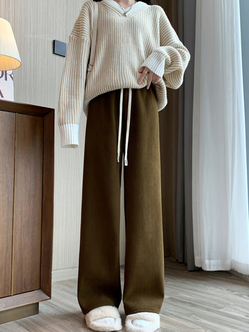 Wide Leg Pants with Thermal Inner Lining and Elastic Waistband for Cold Weather