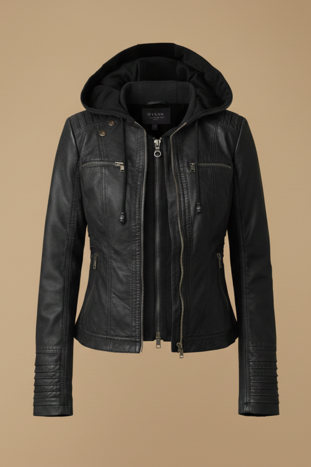 Women’s Faux Leather Jacket – Detachable Hood - Structured Zip-Front Silhouette with Fitted Shape