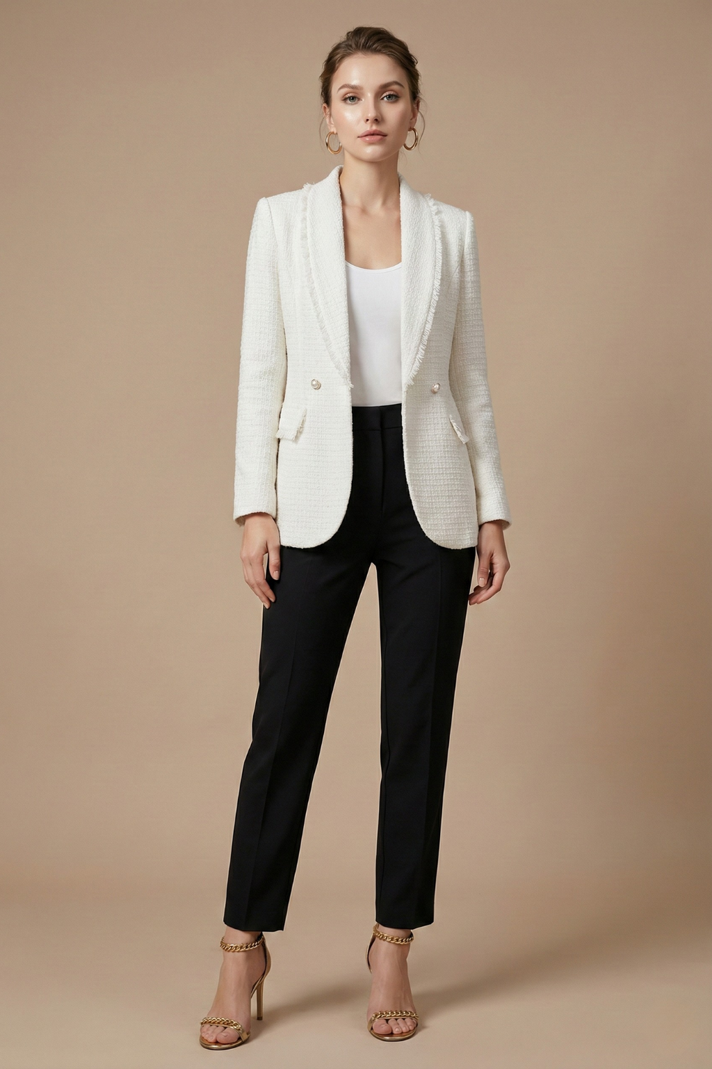 Women’s Tailored Double-Breasted Bouclé-Style Blazer with Frayed Trim