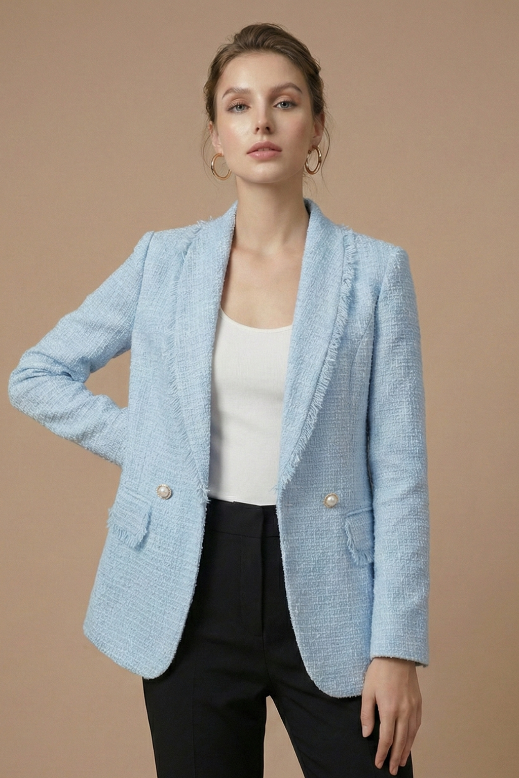 Women’s Tailored Double-Breasted Bouclé-Style Blazer with Frayed Trim