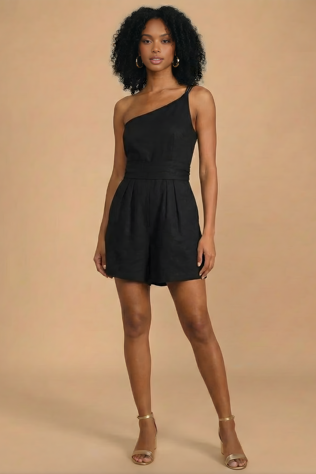 Women’s Sleeveless Pleated Romper - One-Shoulder Design - Mini Length - Elegant One-Piece Shorts