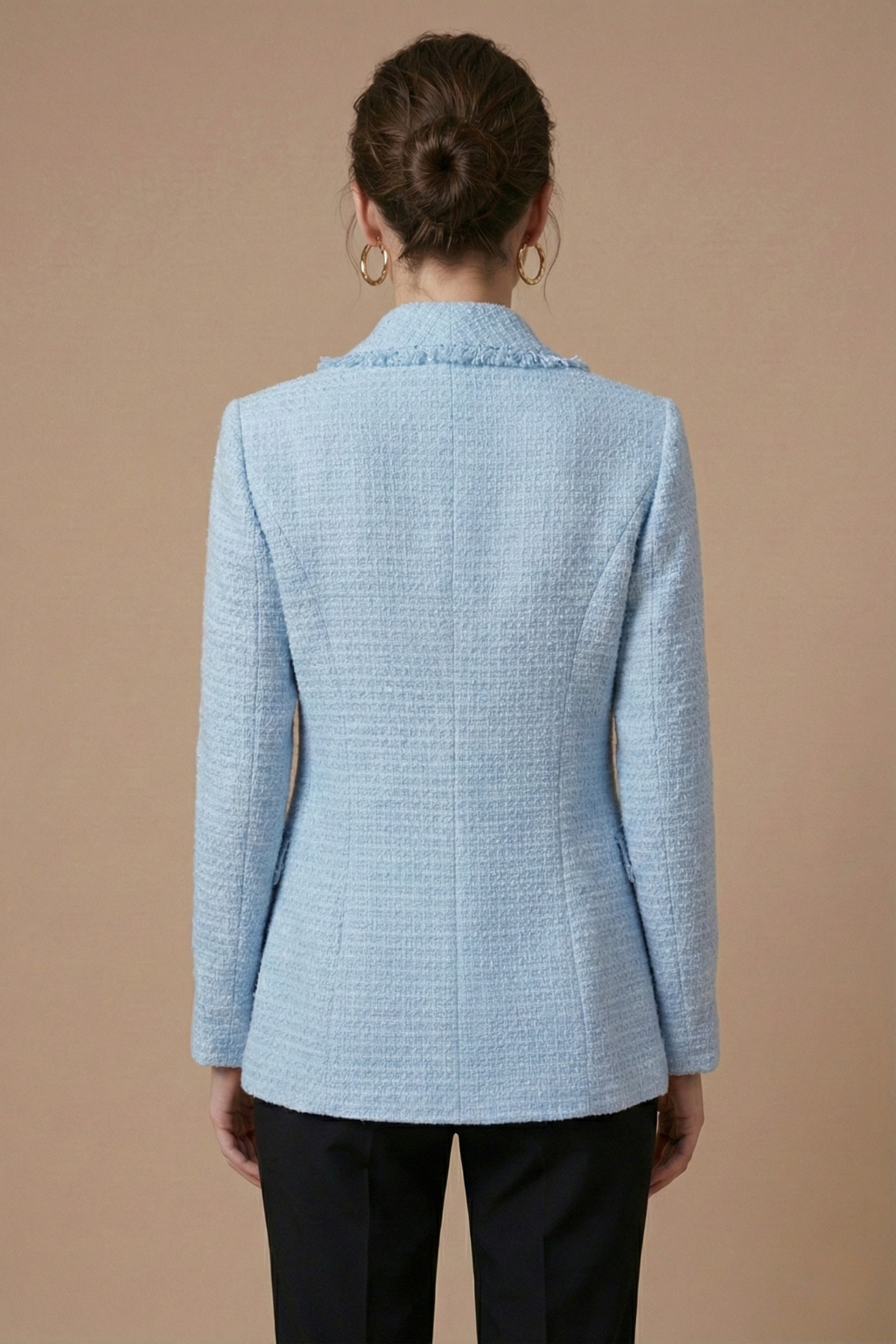 Women’s Tailored Double-Breasted Bouclé-Style Blazer with Frayed Trim