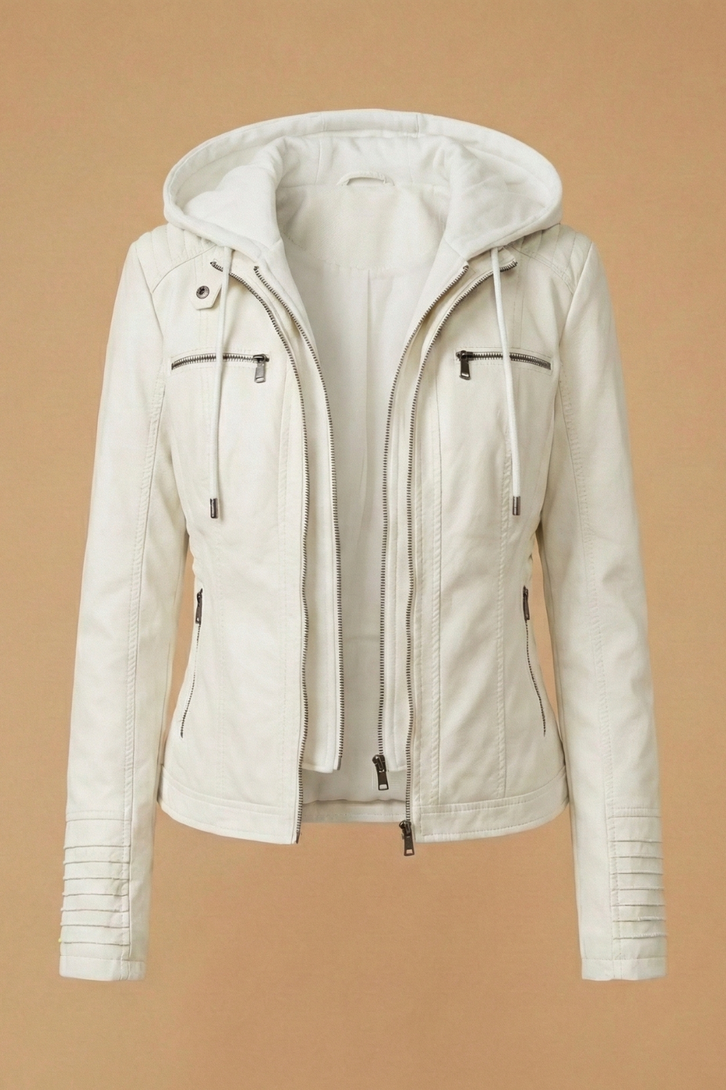 Women’s Faux Leather Jacket – Detachable Hood - Structured Zip-Front Silhouette with Fitted Shape