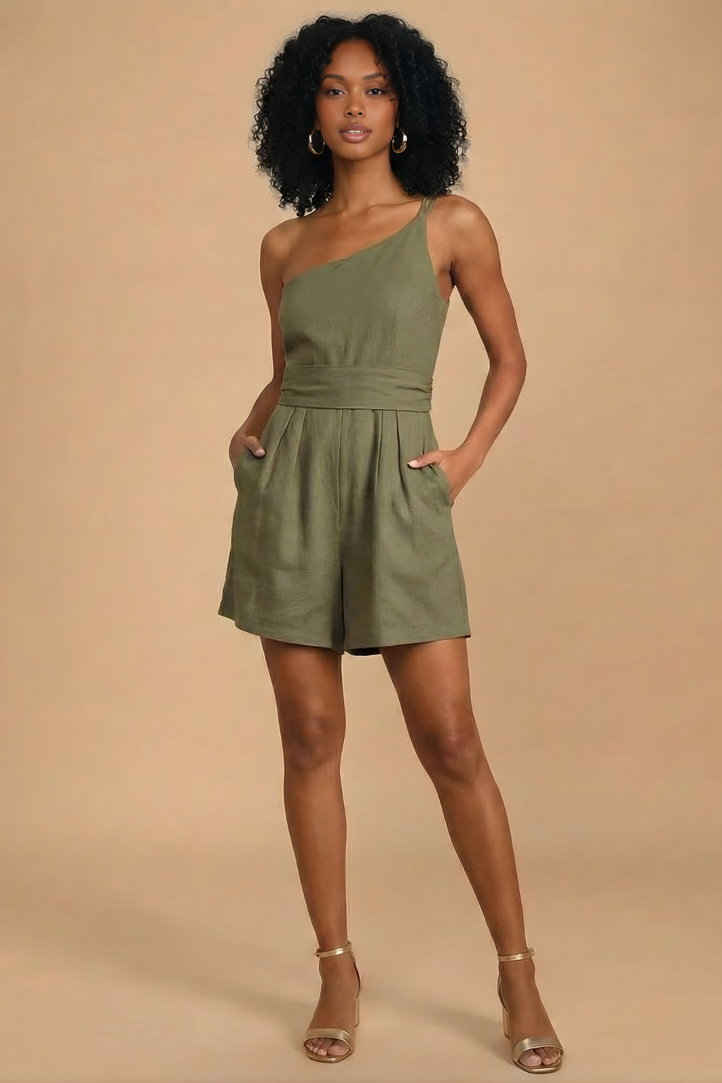 Women’s Sleeveless Pleated Romper - One-Shoulder Design - Mini Length - Elegant One-Piece Shorts