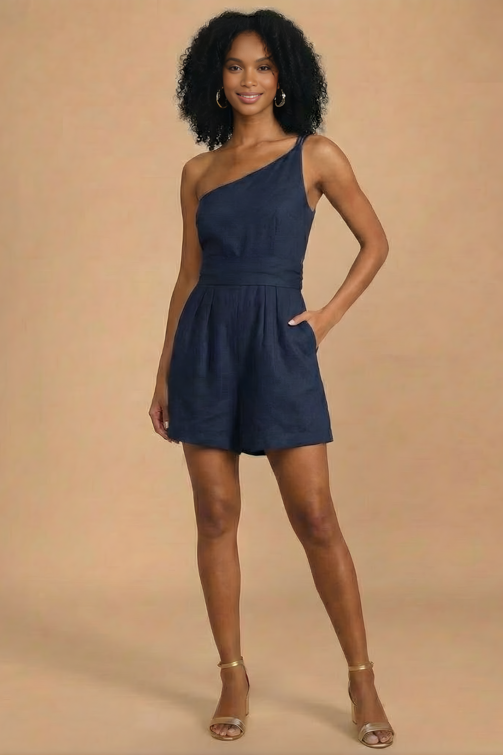 Women’s Sleeveless Pleated Romper - One-Shoulder Design - Mini Length - Elegant One-Piece Shorts