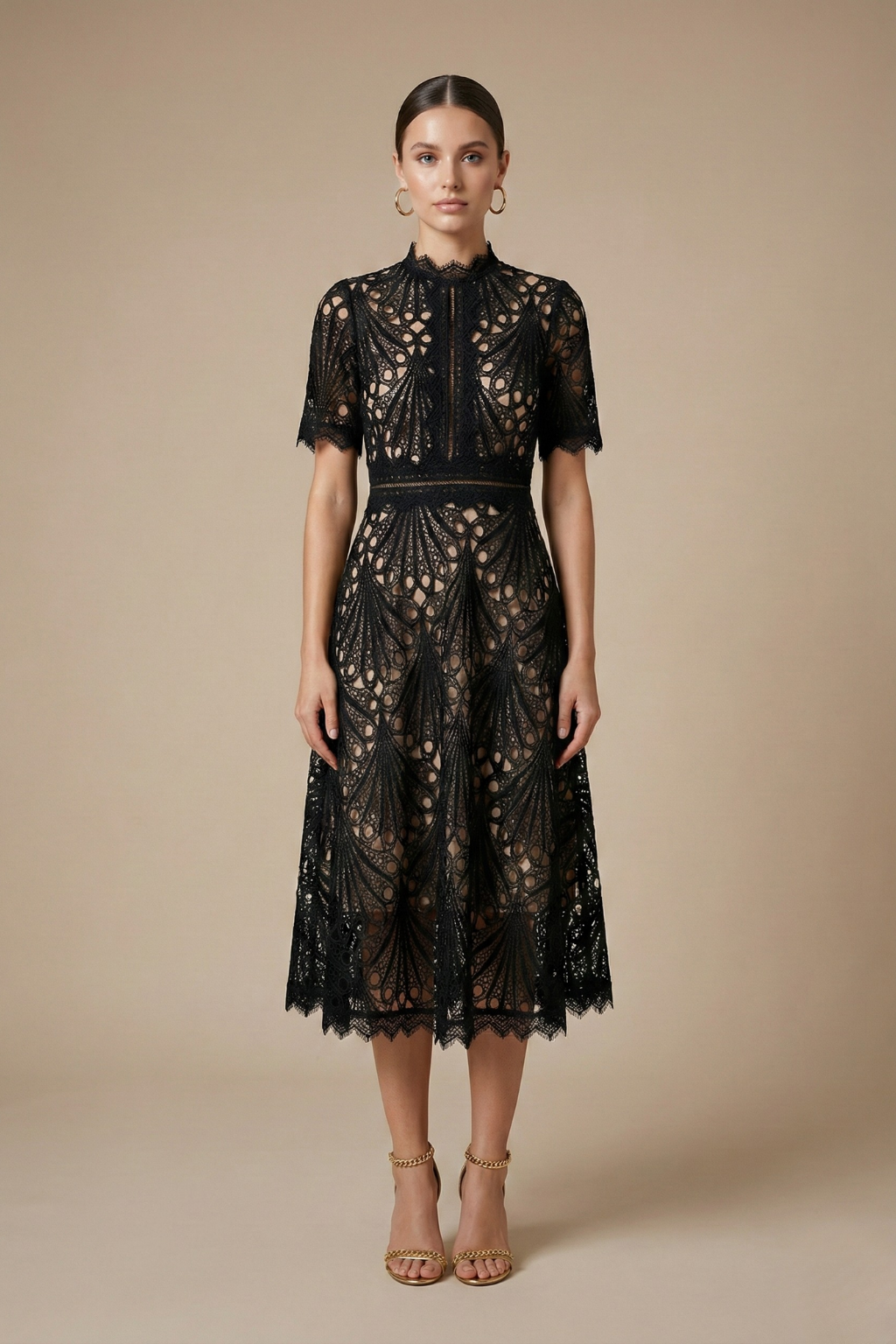 Elegant Women’s Lace Midi Dress – High Neck Silhouette with Refined Cutwork Detail