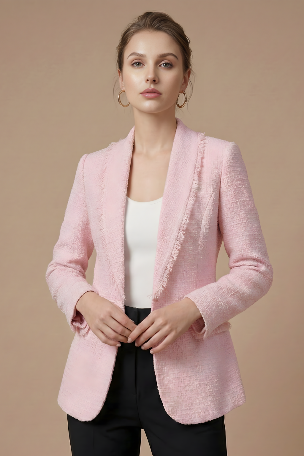 Women’s Tailored Double-Breasted Bouclé-Style Blazer with Frayed Trim