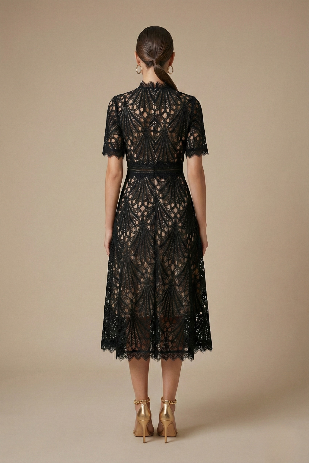 Elegant Women’s Lace Midi Dress – High Neck Silhouette with Refined Cutwork Detail