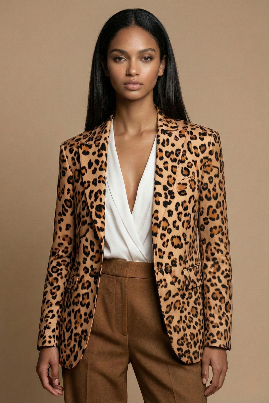 Women’s Leopard Print Blazer with Notched Lapel and Front Pockets
