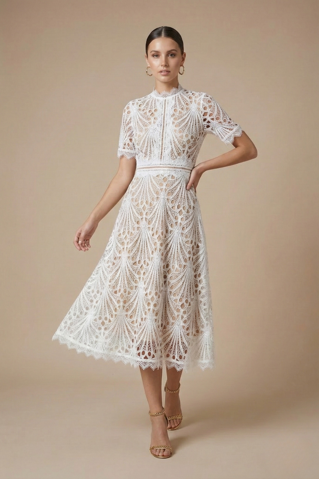 Elegant Women’s Lace Midi Dress – High Neck Silhouette with Refined Cutwork Detail