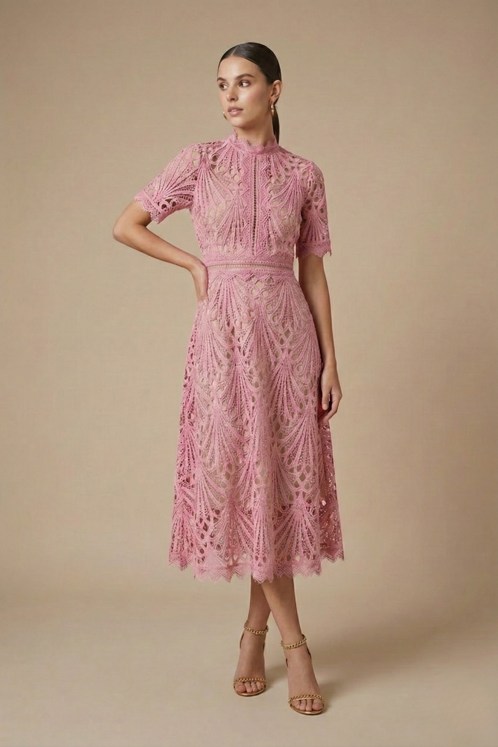 Elegant Women’s Lace Midi Dress – High Neck Silhouette with Refined Cutwork Detail