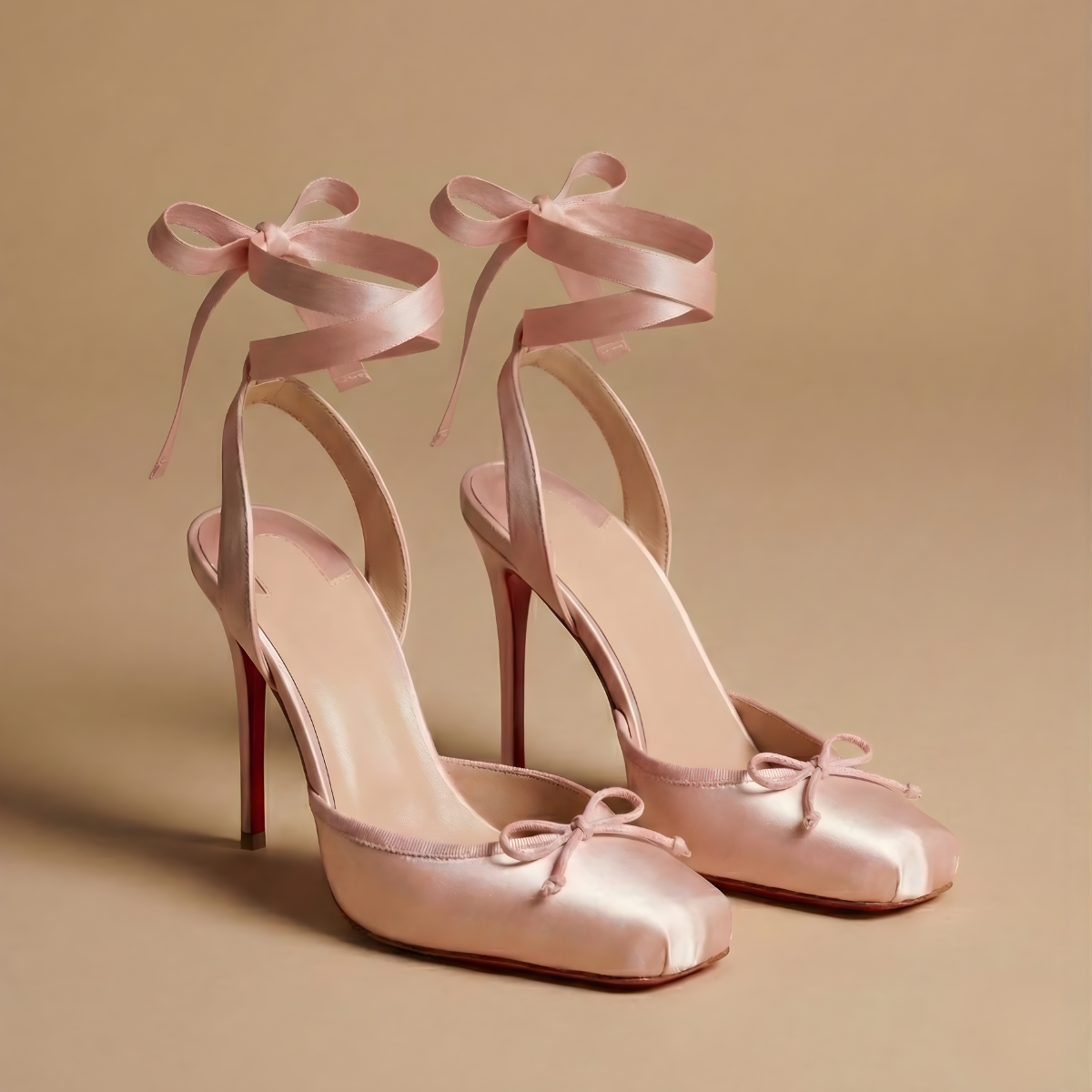 Women’s Elegant Ballet Heels with Ribbon Tie and Sculpted Square Toe
