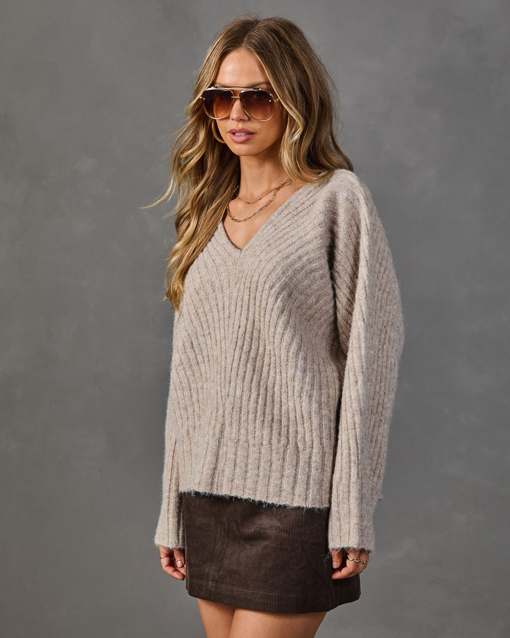 V Neck Ribbed Knit Sweater with Dolman Sleeves and Stretch Fabric