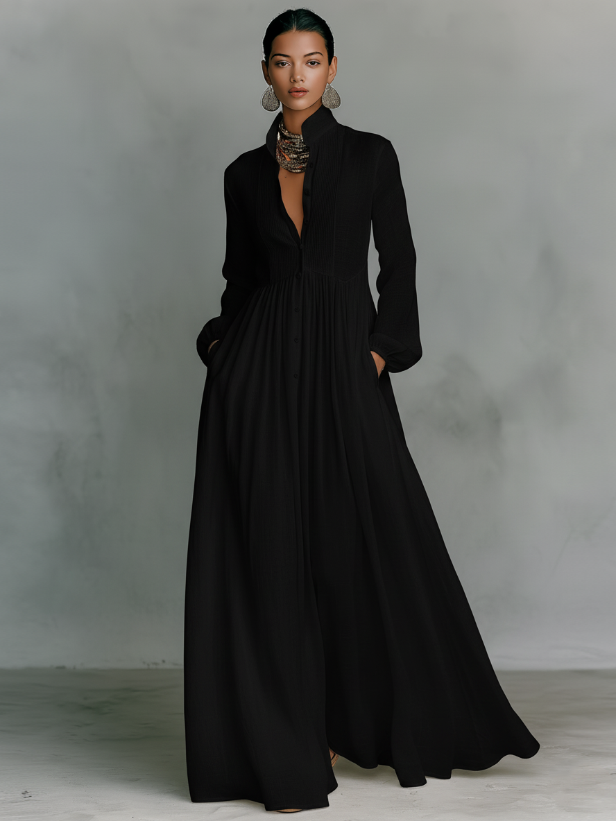 Women's Cotton Linen Maxi Dress Stand-Up Collar