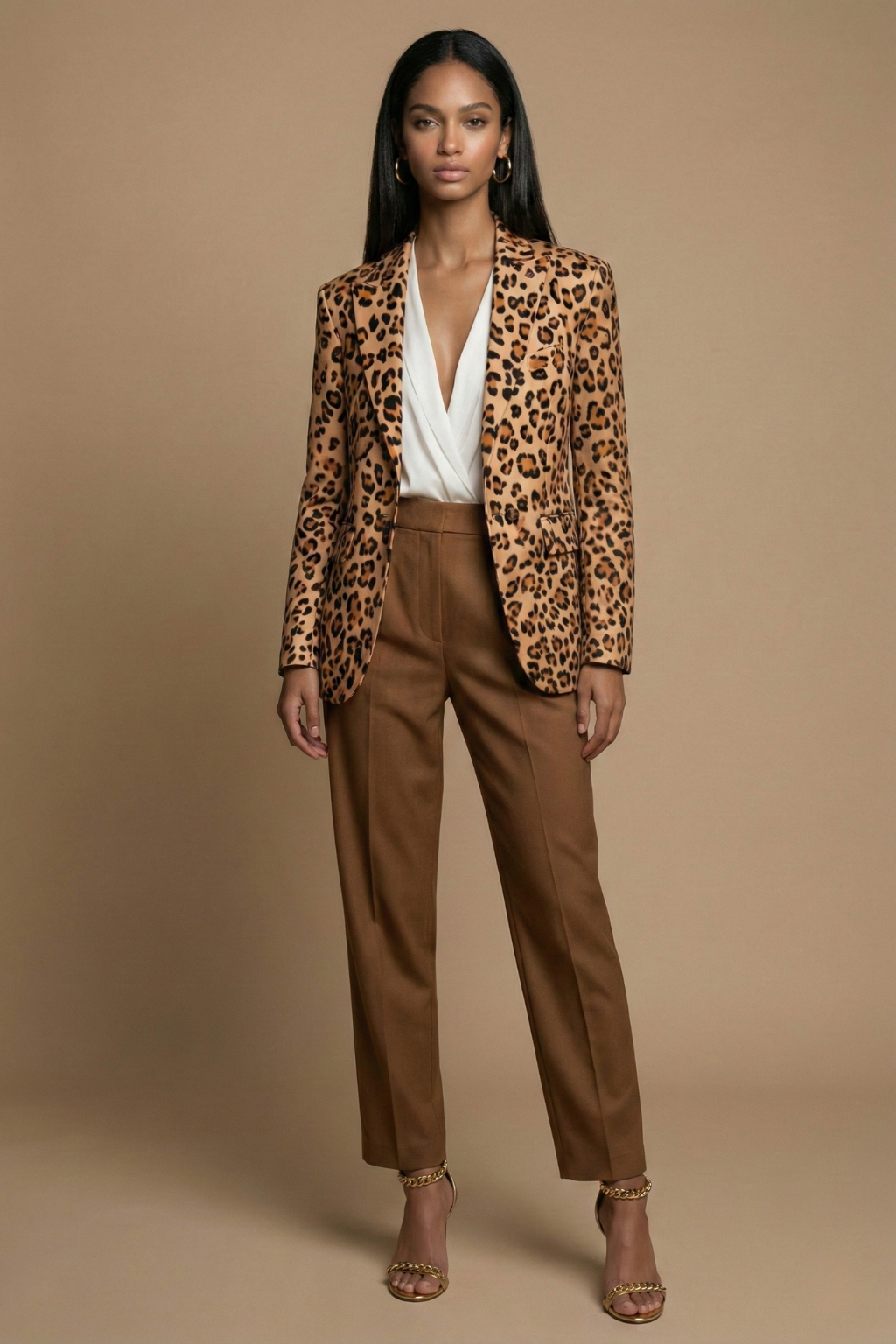 Women’s Leopard Print Blazer with Notched Lapel and Front Pockets