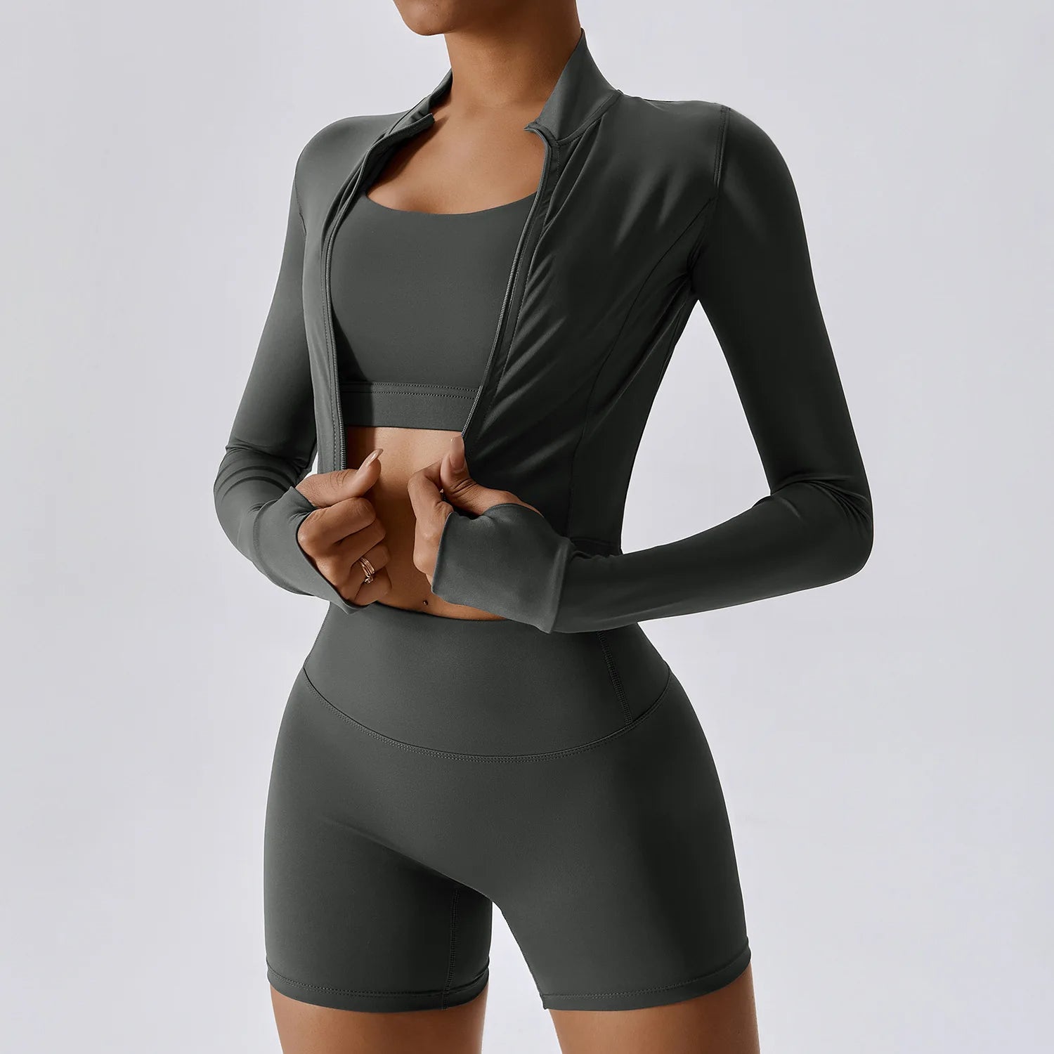 Women Three Piece Performance Wear Set - Cropped Jacket - Sports Bra - High Waist Shorts