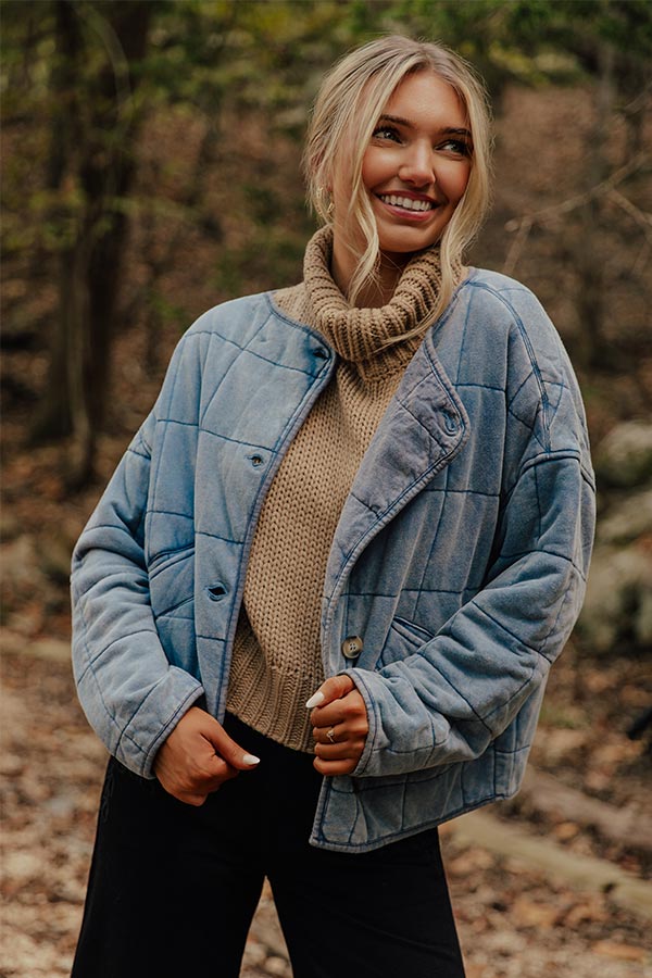 Quilted Cotton Blend Jacket with Button Front and Vintage Wash, Hip Length