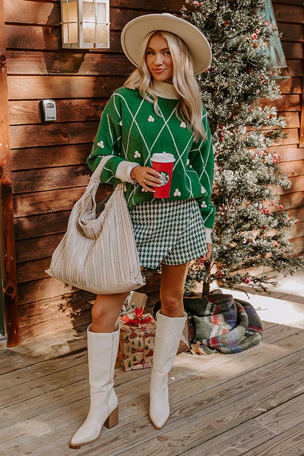 Mock Neck Pullover Sweater with Diamond Knit and Pom Details, Relaxed Fit