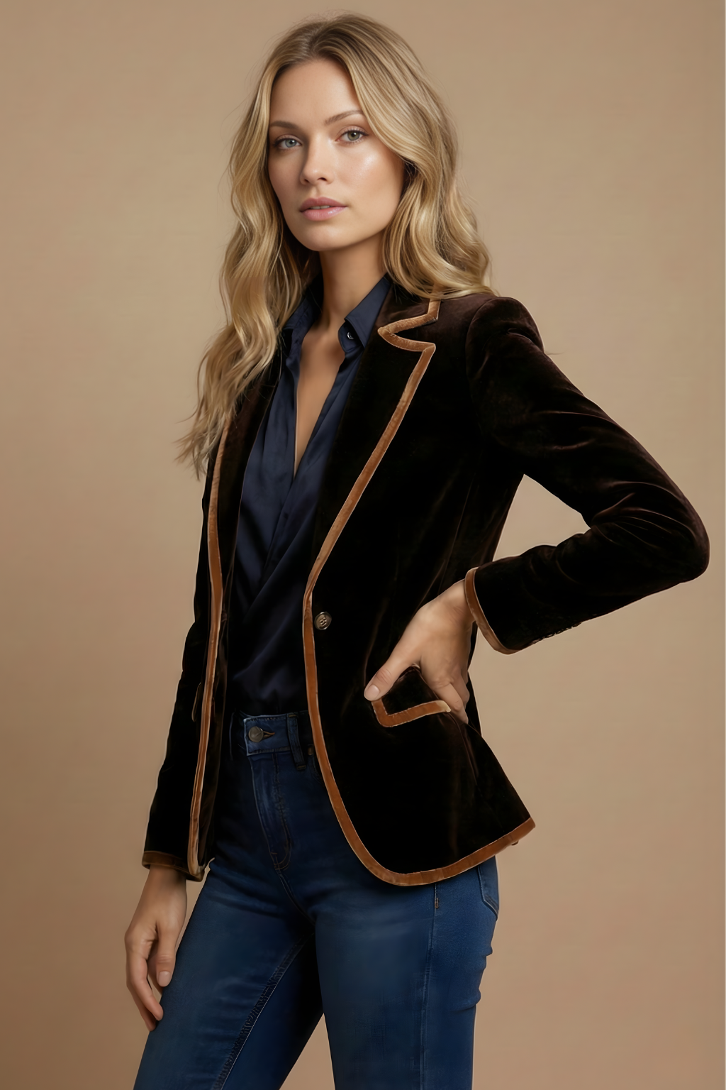 Women’s Velvet-Style Blazer with Contrast Trim and Front Pockets