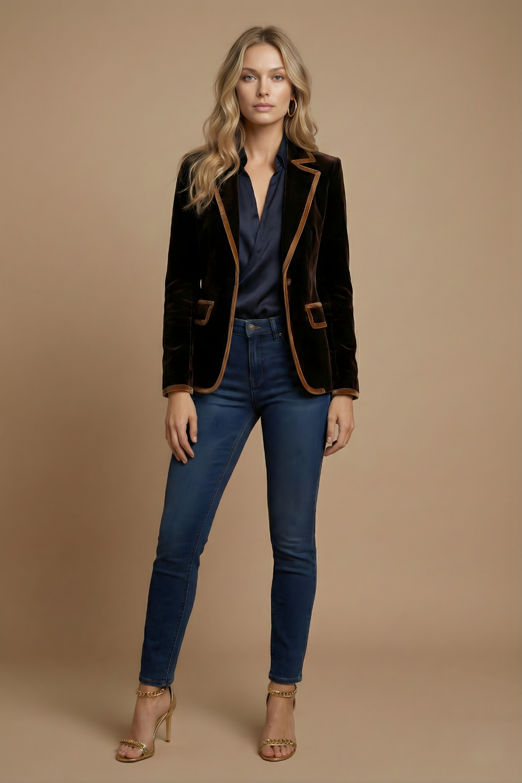 Women’s Velvet-Style Blazer with Contrast Trim and Front Pockets