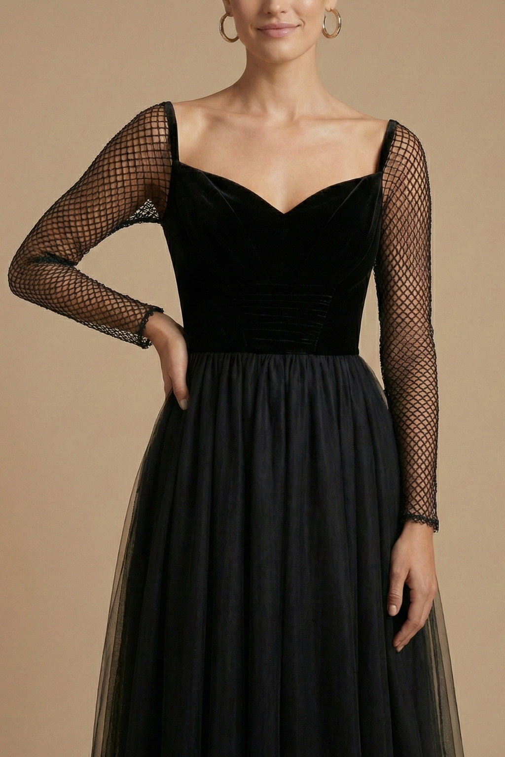 Women’s Maxi Dress with Long Sheer Sleeves and Layered Skirt