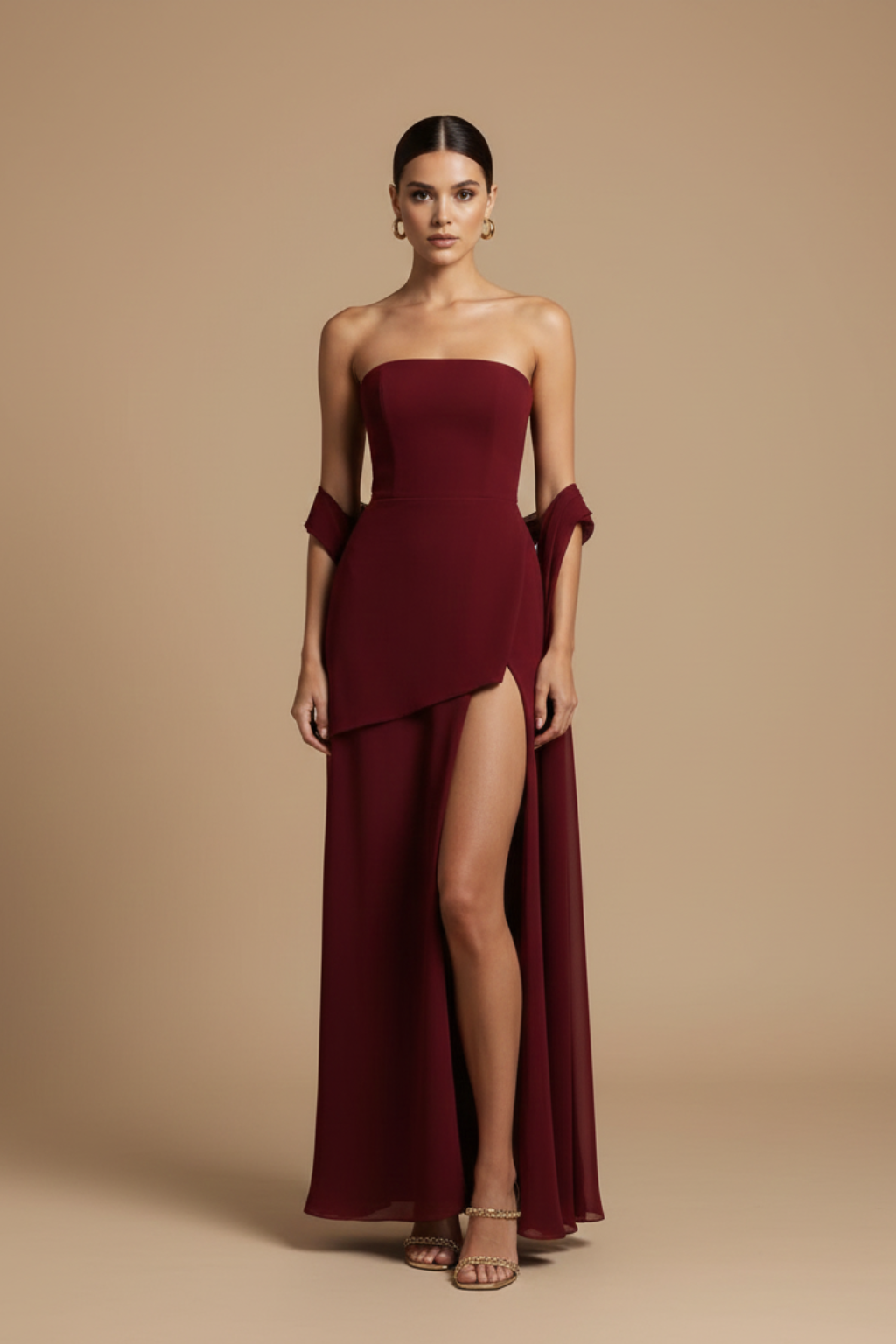 Women’s Strapless High-Slit Maxi Dress - Asymmetric Hem - Elegant Evening Silhouette - Statement Occasion Dress