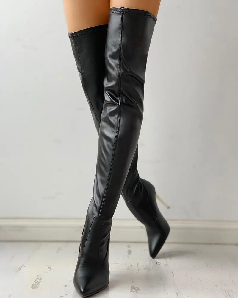 Women’s Knee High Heeled Boots with Back Zip and Pointed Toe