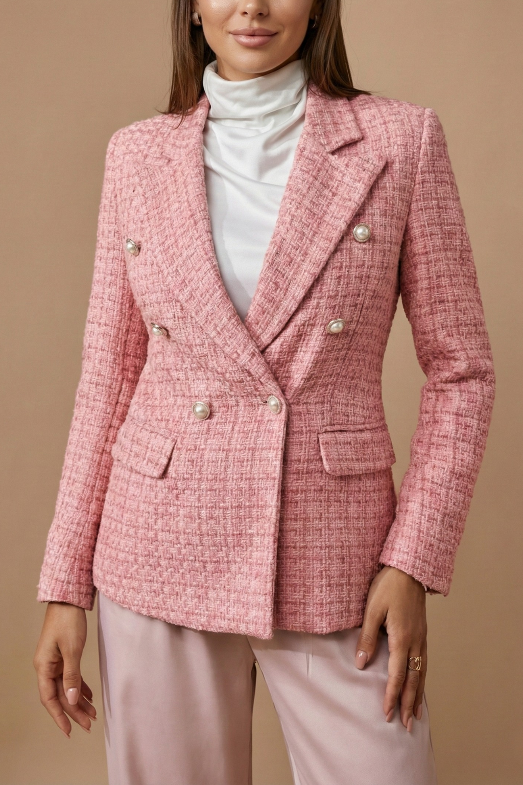 Women’s Double-Breasted Blazer with Notched Lapel and Front Pockets