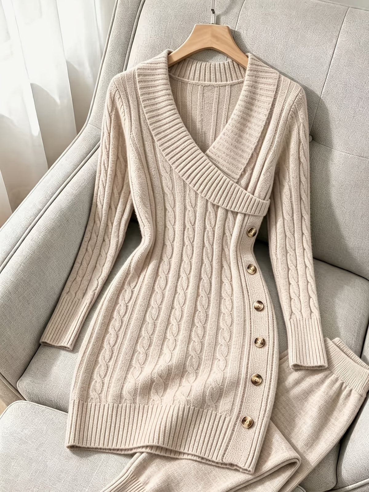 Knee Length Cable Knit Dress with Crossover V Neckline and Functional Side Buttons