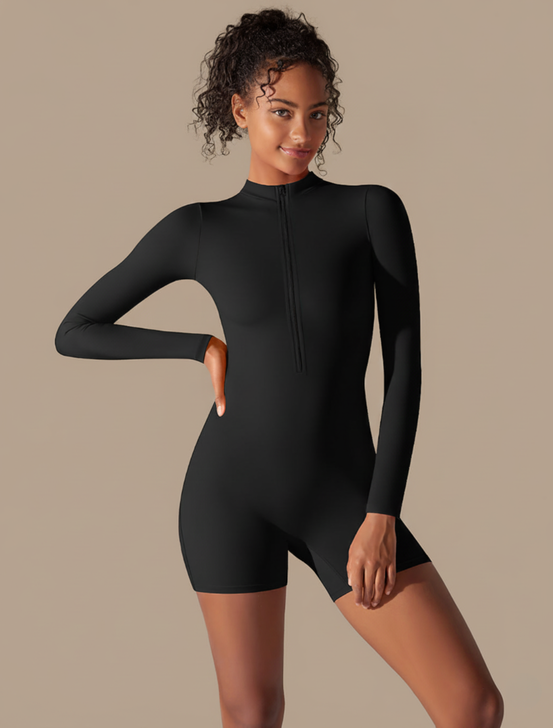 Seamless Long Sleeve Jumpsuit - Slim Fit Short Length Zip Front One Piece Activewear