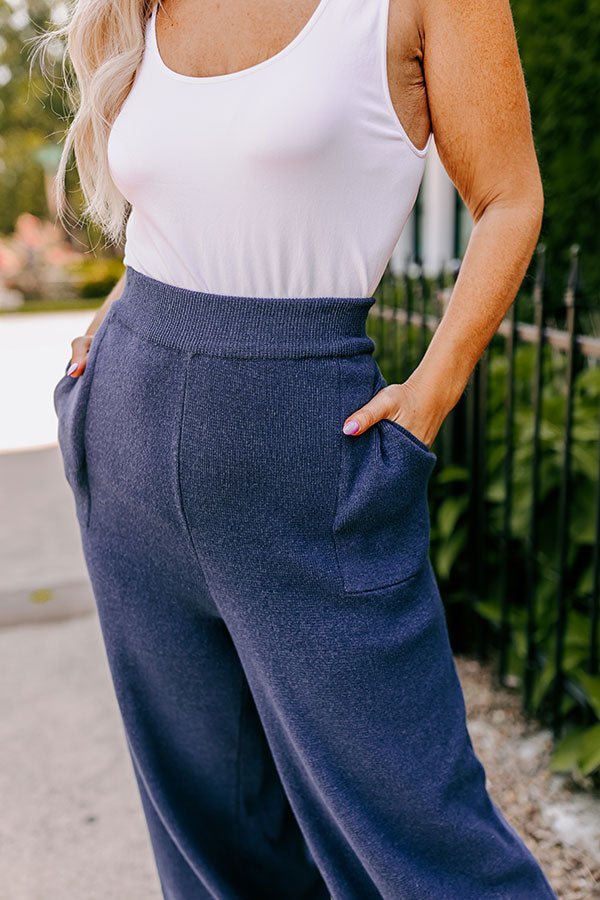 Elastic Waist Straight Leg Knit Pants with Side Pockets and Pleated Hem