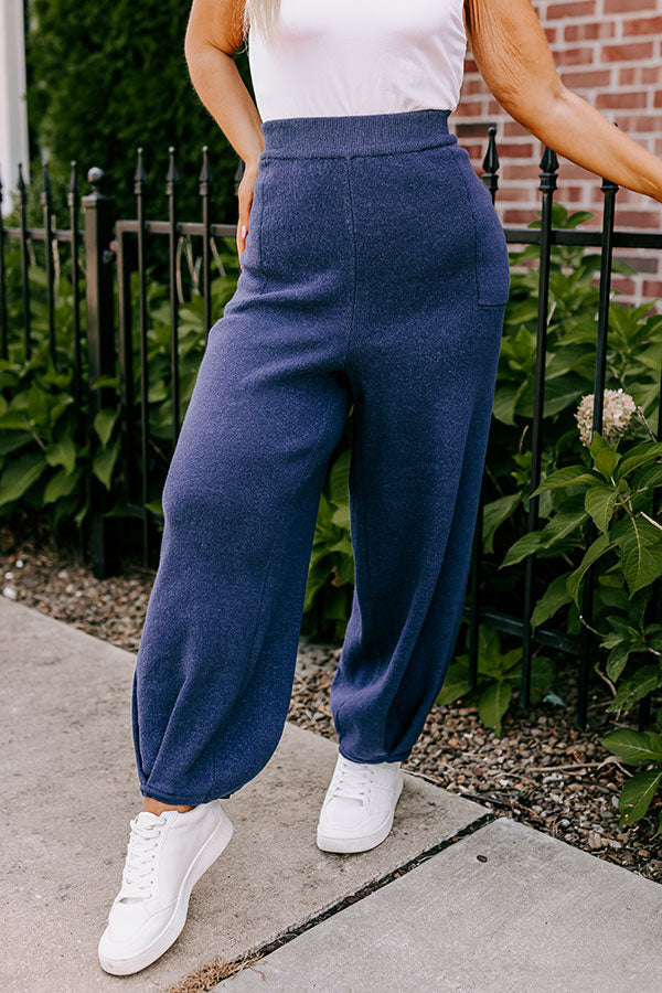 Elastic Waist Straight Leg Knit Pants with Side Pockets and Pleated Hem