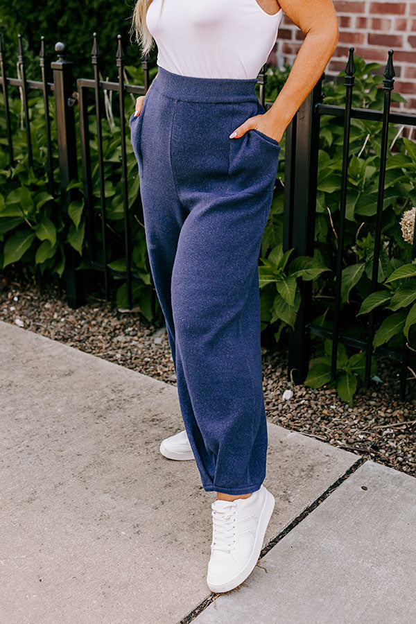 Elastic Waist Straight Leg Knit Pants with Side Pockets and Pleated Hem