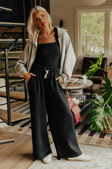 Wide Leg Sweatpants with Rolled Waistband and Side Slits, Uneven Hemline