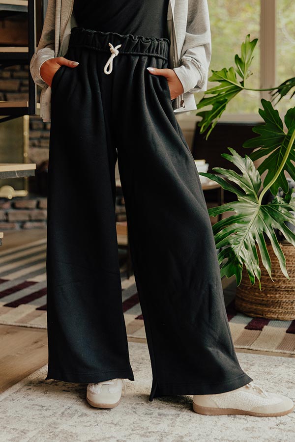 Wide Leg Sweatpants with Rolled Waistband and Side Slits, Uneven Hemline