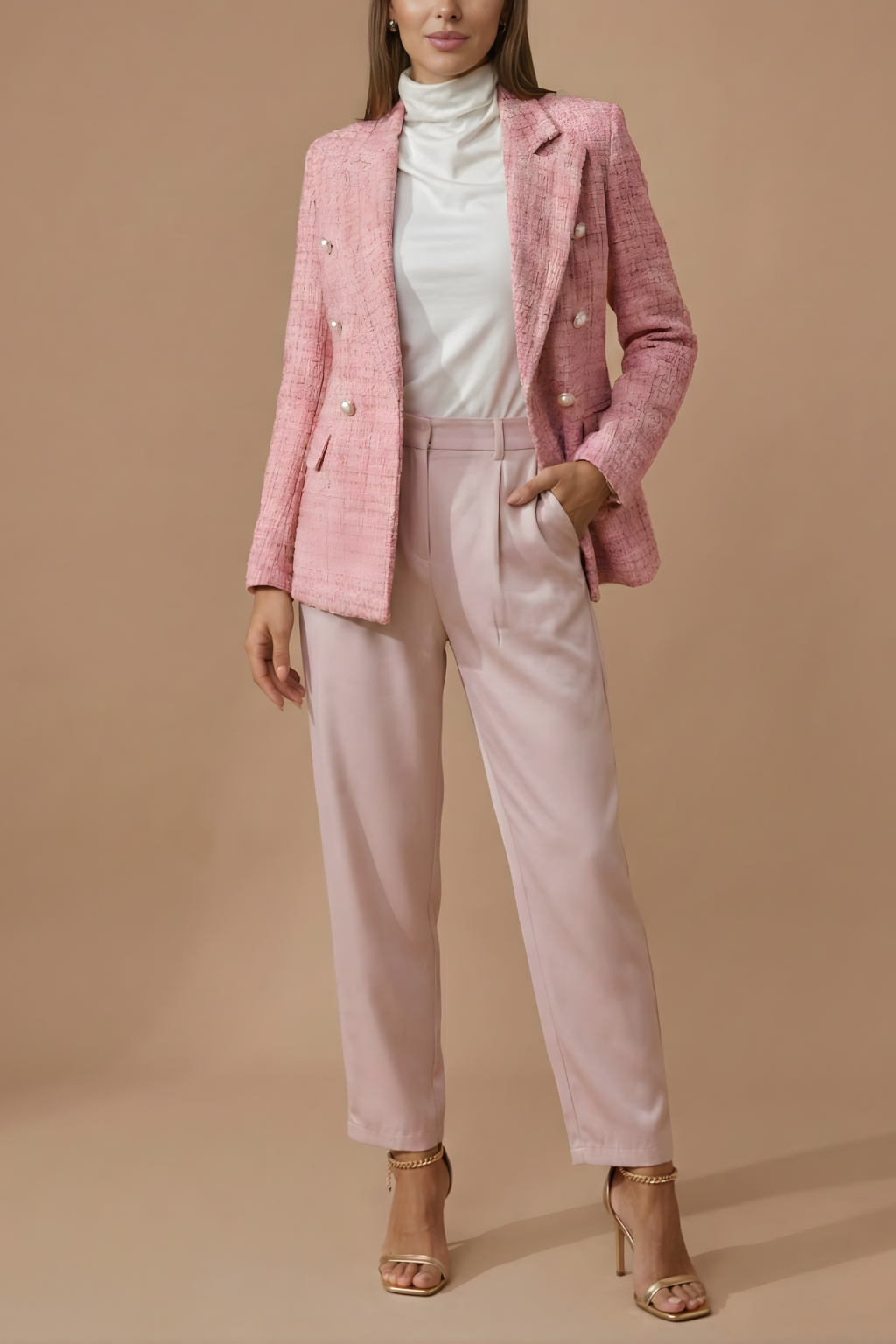 Women’s Double-Breasted Blazer with Notched Lapel and Front Pockets