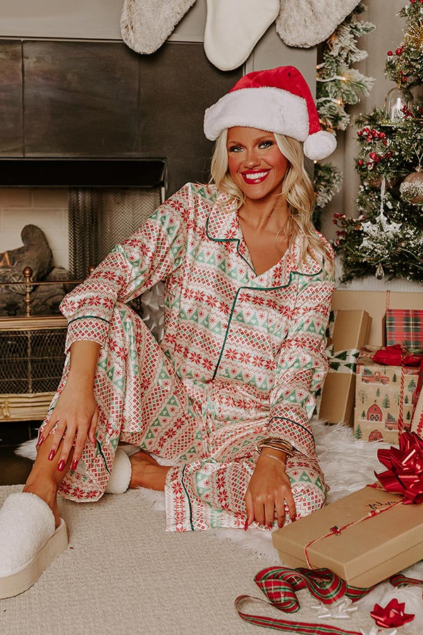 Collared Button-Front Pajama Top with Snowflake and Tree Print, Forest Green Trim
