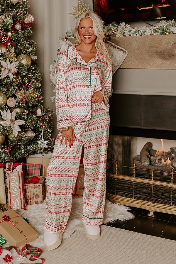 Collared Button-Front Pajama Top with Snowflake and Tree Print, Forest Green Trim