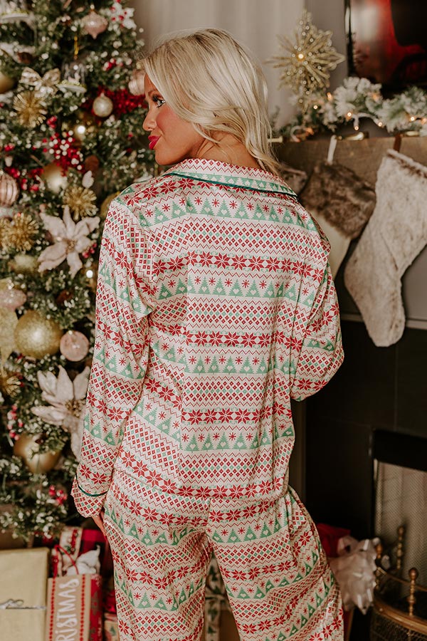Collared Button-Front Pajama Top with Snowflake and Tree Print, Forest Green Trim
