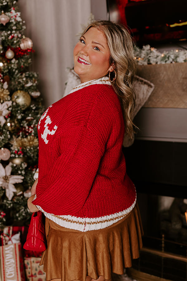 Acrylic Knit Pullover with Merry Lettering and Mocha Trim, Crew Neck
