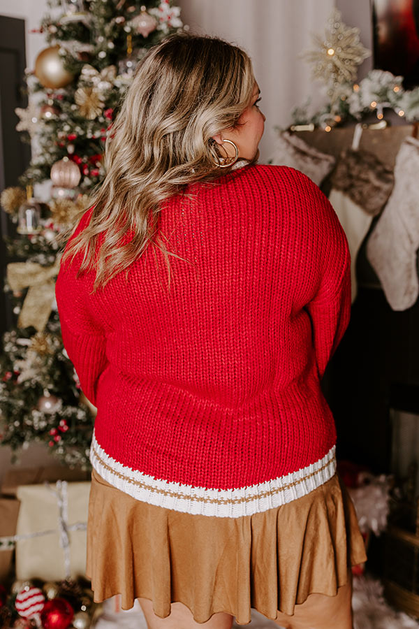 Acrylic Knit Pullover with Merry Lettering and Mocha Trim, Crew Neck