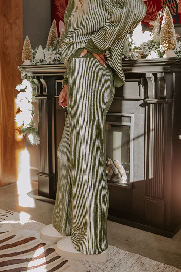 Relaxed Striped Knit Pants with Elastic Waistband and Ribbed Texture, Olive White