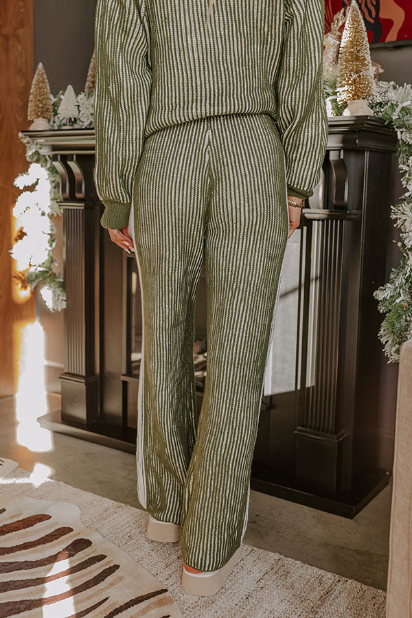 Relaxed Striped Knit Pants with Elastic Waistband and Ribbed Texture, Olive White