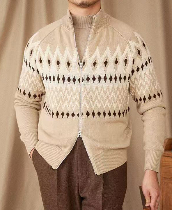 Thick Knit Cardigan with Full Zip and High Collar, Fair Isle Pattern