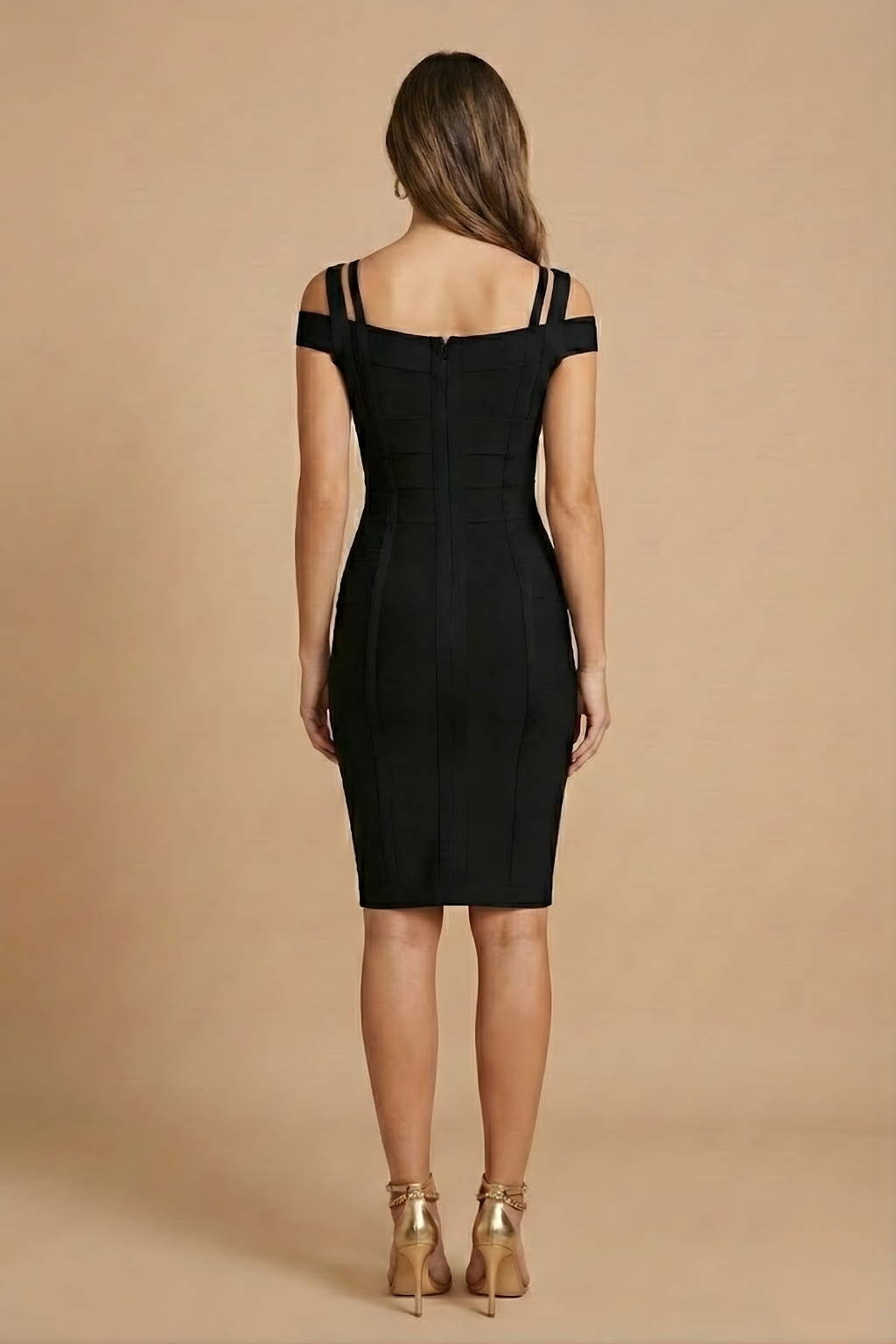 Women’s Bandage Midi Dress - Off-Shoulder Straps - Body-Hugging Fit - Elegant Evening Dress