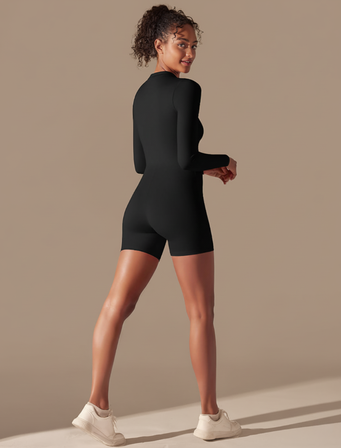 Seamless Long Sleeve Jumpsuit - Slim Fit Short Length Zip Front One Piece Activewear