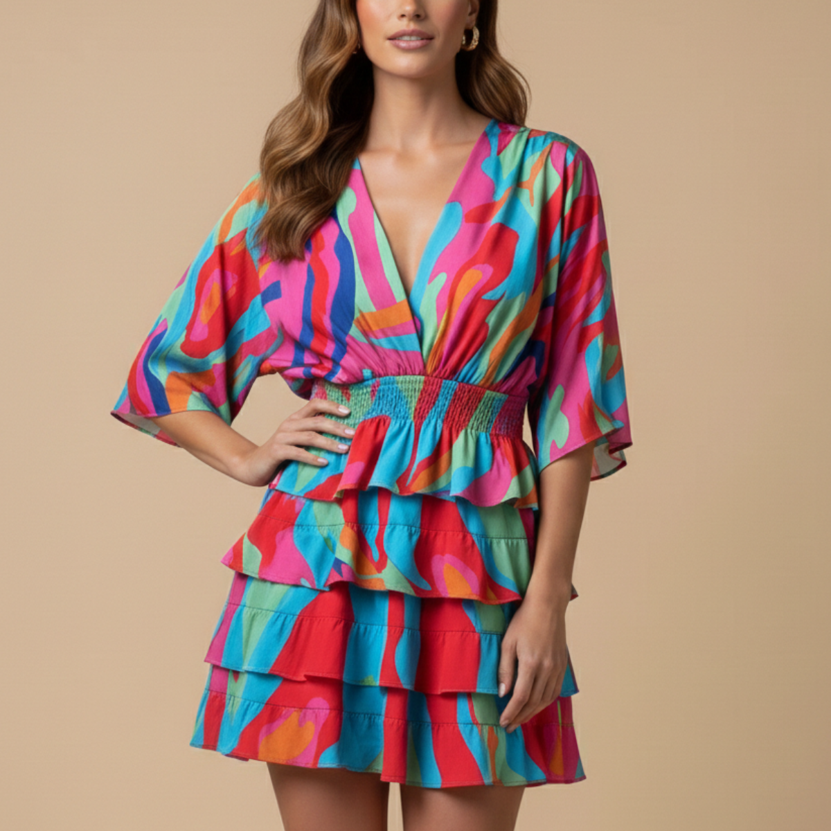 Women’s V-Neck Floral Mini Dress with Short Sleeves and Tiered Skirt