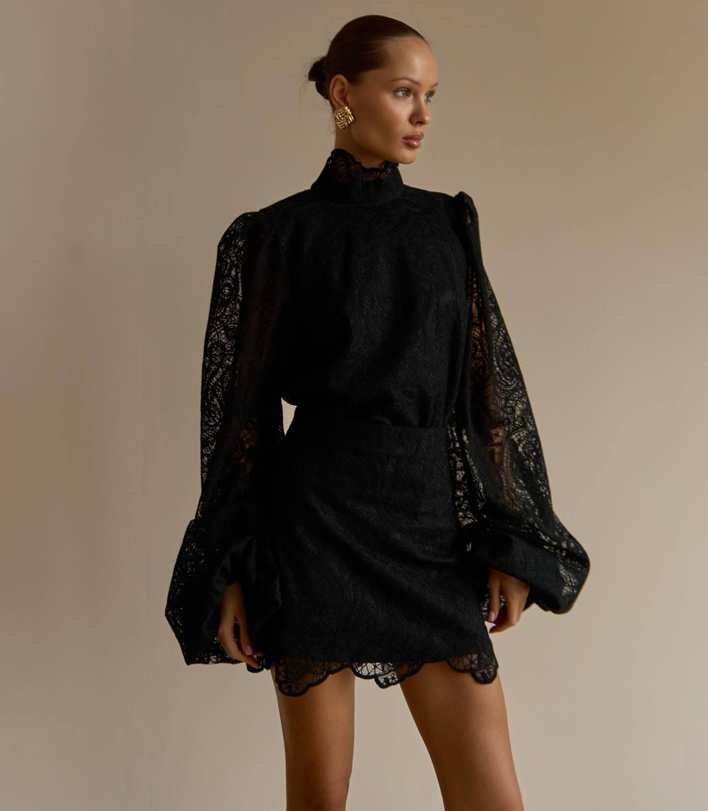 Women's High Neck Lace Bell Sleeve Top and Mini Skirt Two Piece Set