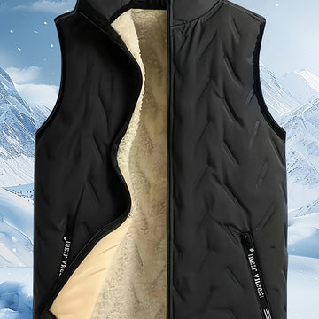 Sleeveless Insulated Vest with Stand Collar and Zippered Pockets, Plush Lined