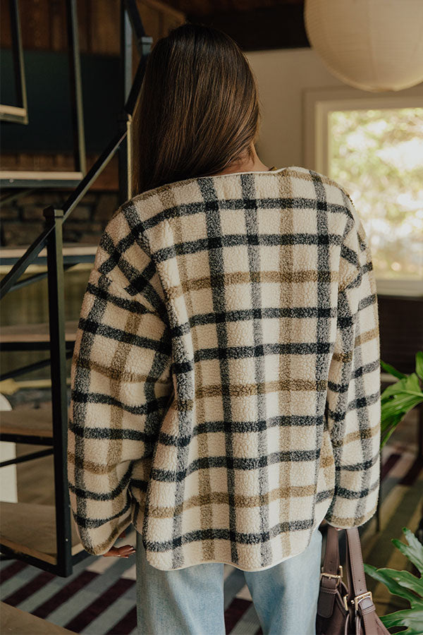 Plaid Sherpa Jacket with Button Front and Relaxed Fit, Hip Length